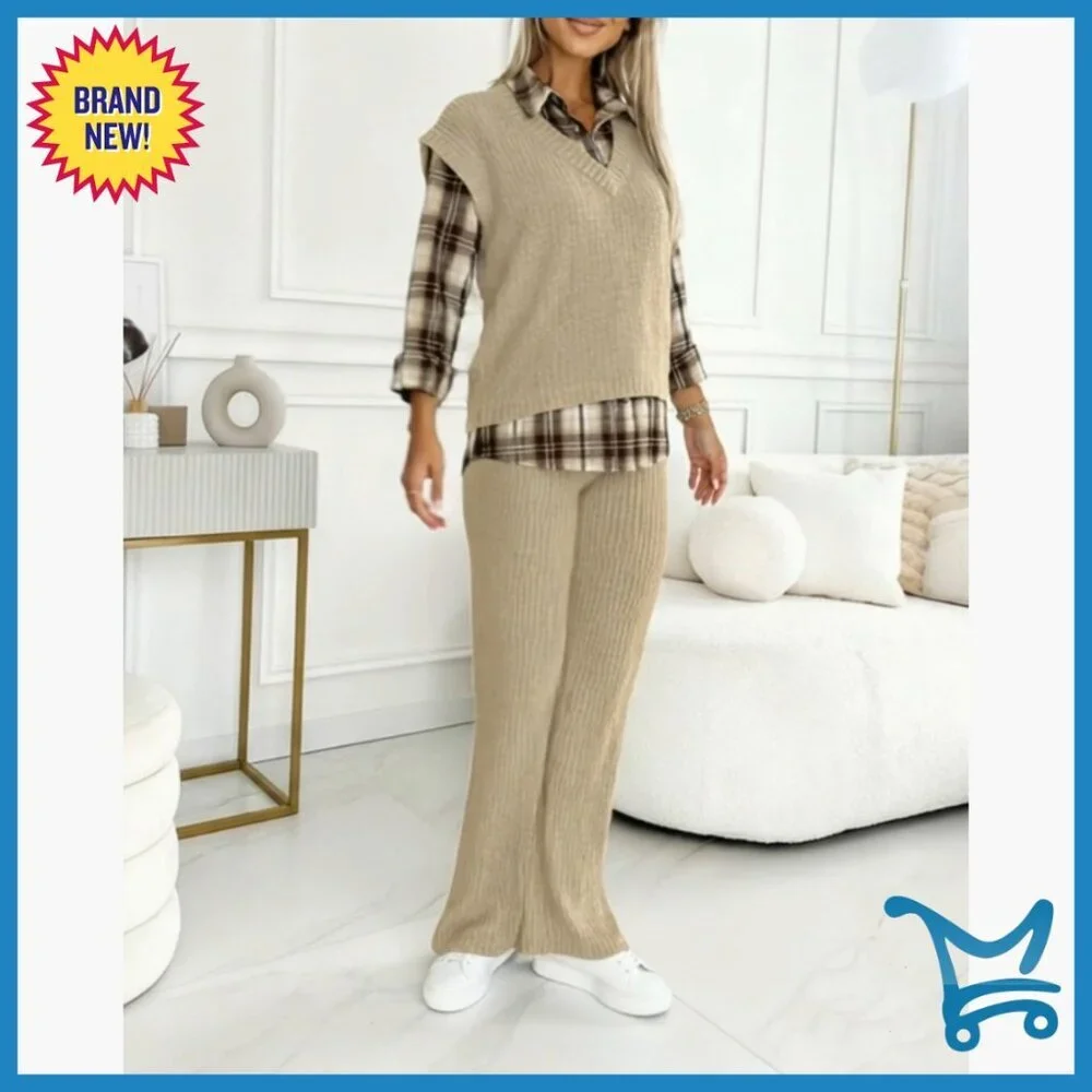 Ribbed Long Sleeve Top and Pants Set, Polyester Blend, X-Large
